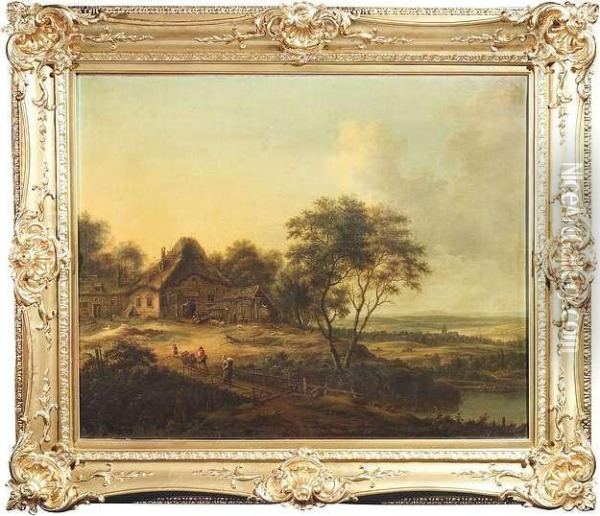 An Extensive Wooded Landscape With A Dutch Barn And Figures. Oil/canvas/canvas Oil Painting - Johann Christian Vollerdt or Vollaert