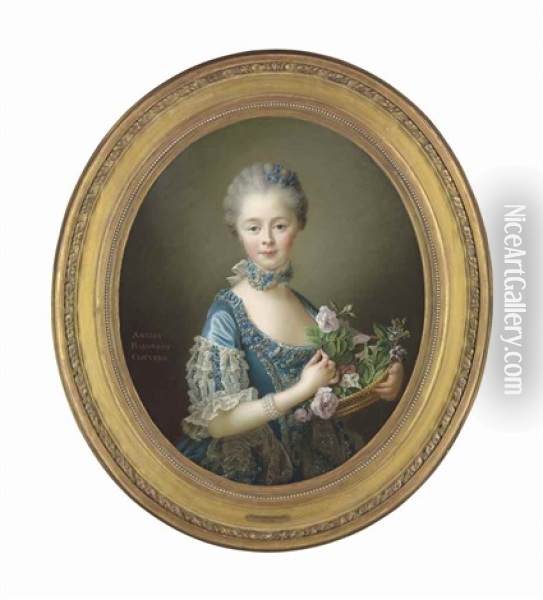 Portrait Of Lady Amelia Darcy, Later 9th Baroness Conyers And 12th Baroness Darcy De Knayth (1754-1784), Wife Of Francis Godolphin Osborne, Marquess Of Carmarthen, Later 5th Duke Of Leeds, Half-length, In A Blue Silk Gown With An Embellished Stomacher And Oil Painting - Francois Hubert Drouais