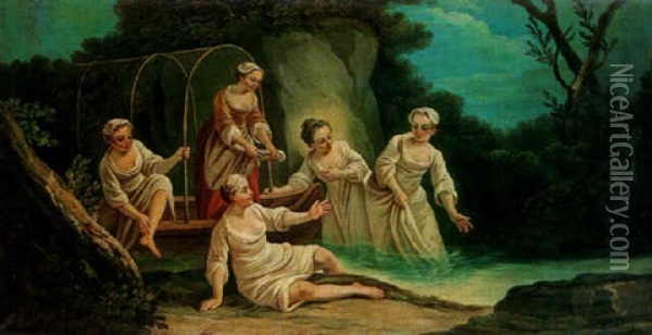 Cinq Jeunes Femmes Se Baignant Dans Un Ruisseau Oil Painting - Etienne Jeaurat