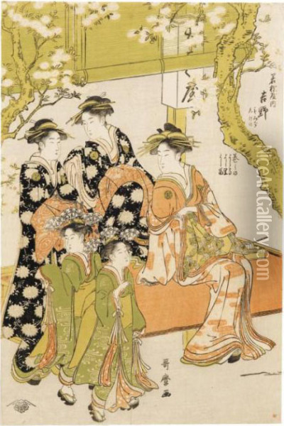 La Courtisane Yoshino De Wakamatsu Ya Assise, Accompagnee De Deuxshinzo Et Deux Kamuro Oil Painting - Kitagawa Utamaro