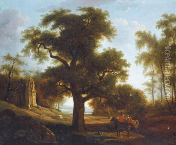 A Landscape With A Crowned Lady 
Praying At A Shrine, Her Escort Waiting On Horseback Beneath A Tree Oil Painting - Joseph Swebach-Desfontaines