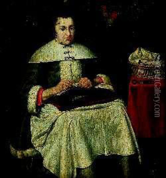 A Lady Seated Sewing, Her Basket And Scissors Beside Her Oil Painting - Gerard Terborch
