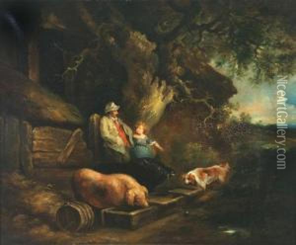 Gentleman And Child Feeding Pigs Oil Painting - George Morland