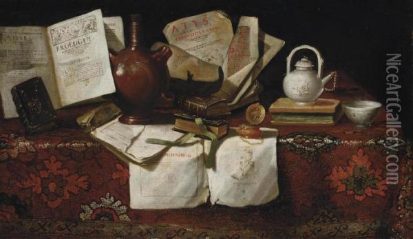An Earthenware Jug, Books, A Silver Teapot And An Inkwell On A Draped Table Oil Painting - Pseudo Roestraten