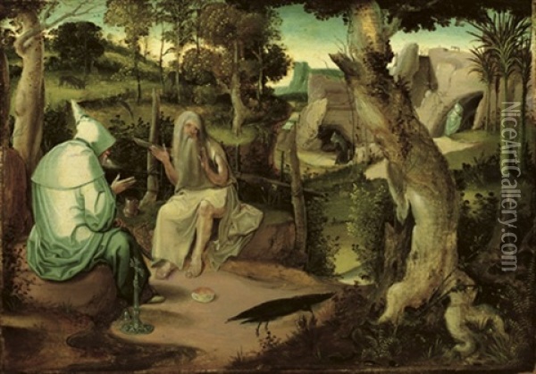 Saint Anthony The Great With Saint Paul The Hermit, In A Wooded Landscape Oil Painting - Jan Wellens de Cock