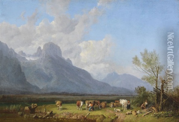 Viehhirten Am Seeufer Oil Painting - Heinrich Buerkel