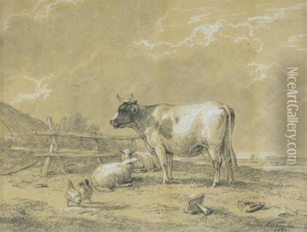 Cattle Sheep And Chickens In A Field By A Cottage Oil Painting - Eugene Joseph Verboeckhoven
