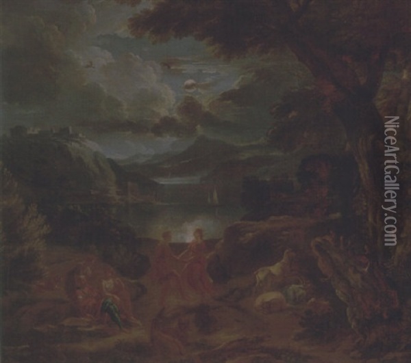 A Pastoral Scene With Shepherds And Nymphs Dancing In The Moonlight By The Edge Of A Lake Oil Painting - Pieter Mulier the Younger