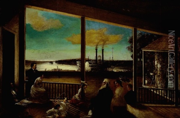 Family On A Plantation Porch Overlooking The River And Flooded Levee With A Steamboat In The Distance Oil Painting - John Antrobus