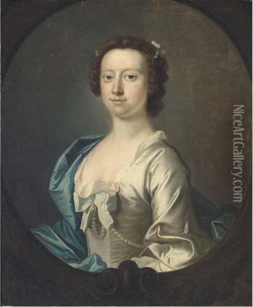 Portrait Of A Lady, Half-length, In A White Dress And Blue Wrap, Ina Sculpted Oval Oil Painting - Thomas Hudson