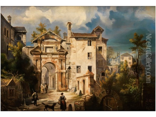 Vor Einem Stadtportal In Italien Oil Painting - Jacques Francois Carabain