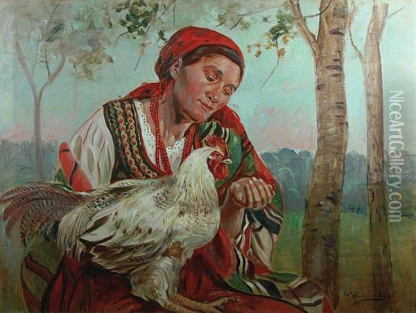 Kobieta Z Kogutem Oil Painting - Wincenty Wodzinowski