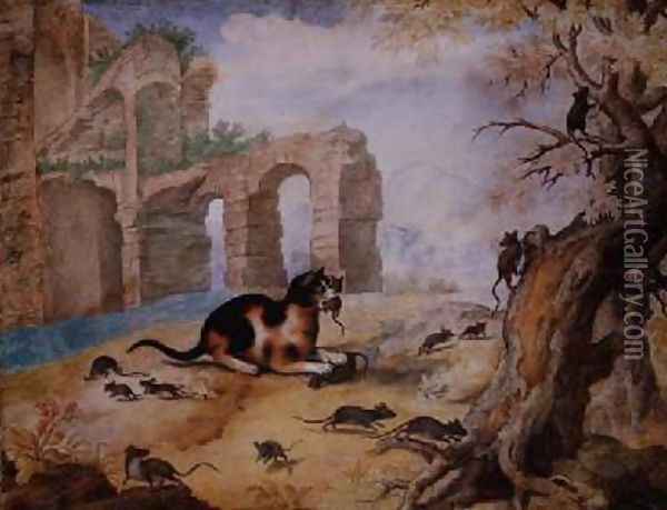 Cat killing mice in a landscape Oil Painting - Gottfried Mind or Mindt