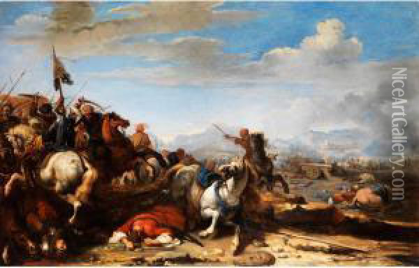 Schlachtenszene Zwischen Demchristlichen Und Dem Turkischen Reiterheer Oil Painting - Jacques Courtois Le Bourguignon