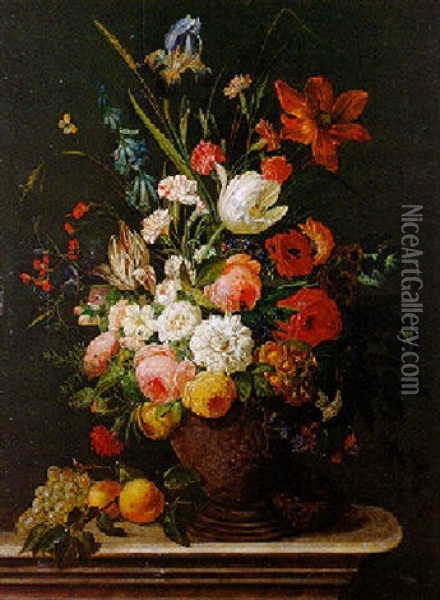 Bouquet De Fleurs Et Fruits Poses Sur Un Entablement Oil Painting - Christiaen van Pol