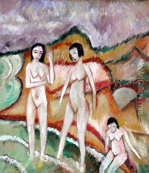 Drei Weibliche Akte Am Meer Oil Painting - Ernst Ludwig Kirchner