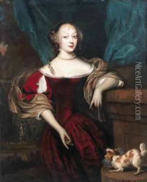 Portrait Of A Lady, Standing 
Three Quarter Length By A Drapedcolumn, Wearing A Decollete Red Dress, 
Lace Chemise, Brocade Wrapand Pearls, With Her Right Hand Pointing To 
Her Dog Oil Painting - Jan de Baen
