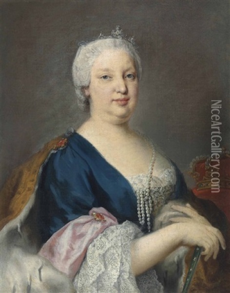 Portrait Of Maria Barbara Of Braganza, Queen Of Spain (1711-1758), Half-length, In A Blue Dress With An Ermine-lined Cloak, With A Pearl Necklace And A Tiara Oil Painting - Jacopo Amigoni