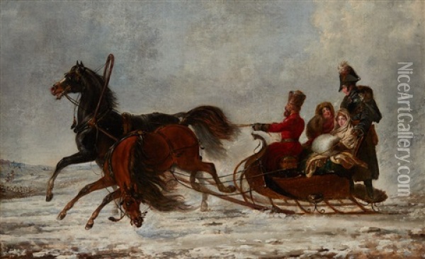 Empreror Nicolas I, Empress Alexandra Fedorovna And Empress Maria Fedorovna Horse Sledging In Winter. 1829 Oil Painting - Sigmund Ferdinand Perger
