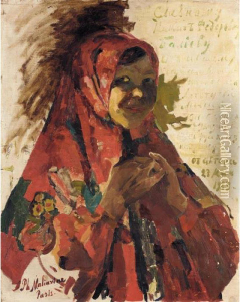Russian Baba In Red Oil Painting - Philippe Andreevitch Maliavine