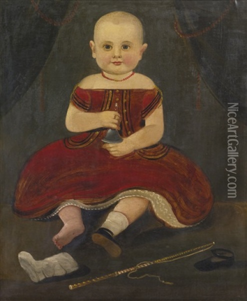 Portrait Of A Child In A Red Holding A Silver Bell Oil Painting - William Matthew Prior
