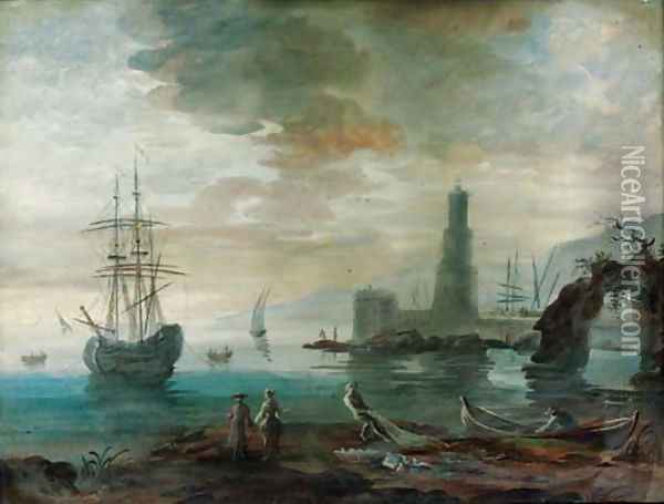Figures at the waters edge and a sailing vessel at anchor with a castle beyond Oil Painting - Alexandre-Jean Noel