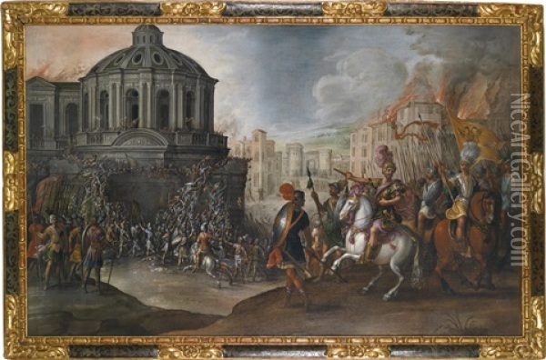Belagerungsszene (sacco Di Roma?) Oil Painting - Juan de LaCorte