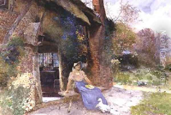 By The Cottage Door 1913 Oil Painting - Thomas Mackay