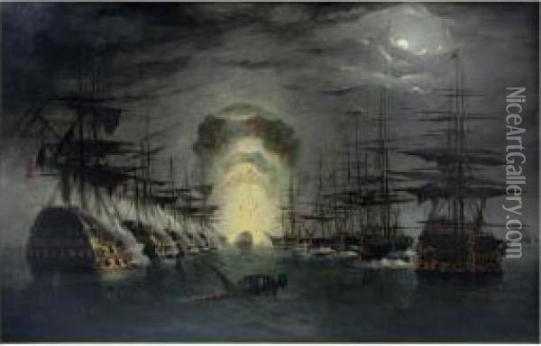 Battle Of The Nile, The Explosion Of The Frenchship Oil Painting - John Tudgay