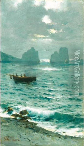 Marina A Capri, I Faraglioni Oil Painting - Achille Cattaneo
