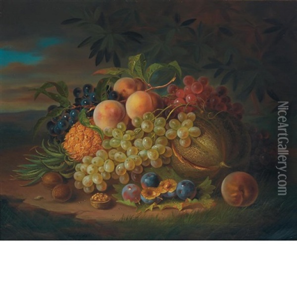 Still Life With Fruit And Walnuts In A Landscape Oil Painting - George Forster