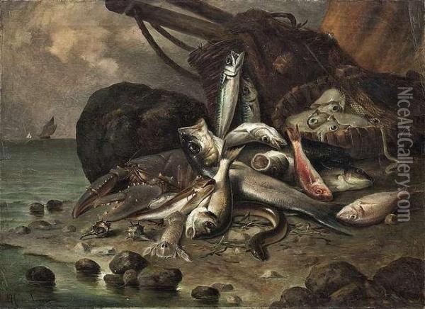 Still-lifewith Fish And Crustaceans At Seashore Oil Painting - Enrico Hohenberger