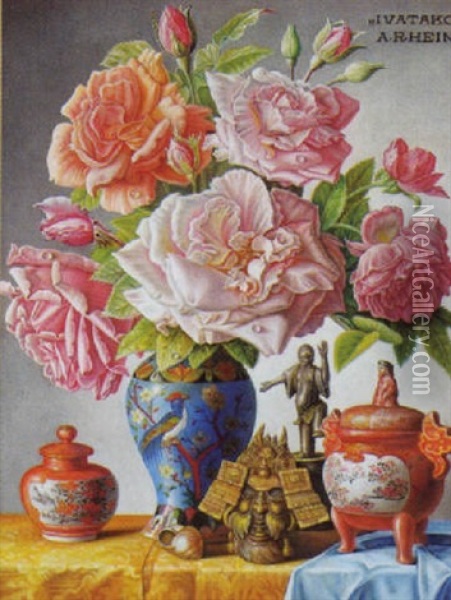 Stilleben Mit Rosen Und Asiatischem Dekor Vor Hellem Hintergrund Oil Painting - Alois Raimund Hein