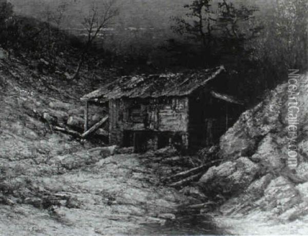 Adirondack Cabin In Winter Oil Painting - Thomas Lochlan Smith