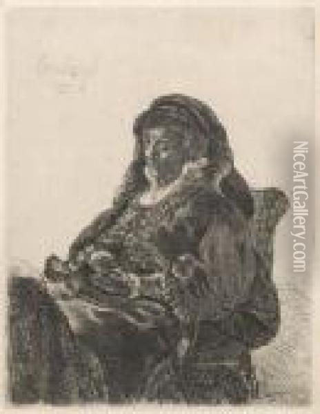 The Artist's Mother Seated, In Widow's Dress And Blackgloves Oil Painting - Rembrandt Van Rijn