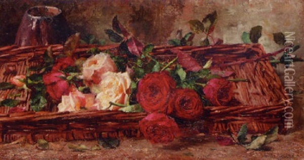 Roses In A Woven Basket Oil Painting - Joseph De Belder