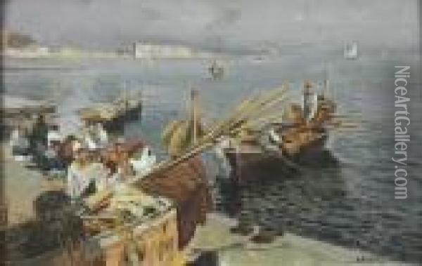 Barche E Pescatori A Mergellina Oil Painting - Attilio Pratella
