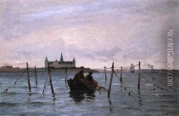 Fiskere Der Haler Garn Ombord Deres Bad Ud For Kronborg Oil Painting - Carl Ludvig Thilson Locher