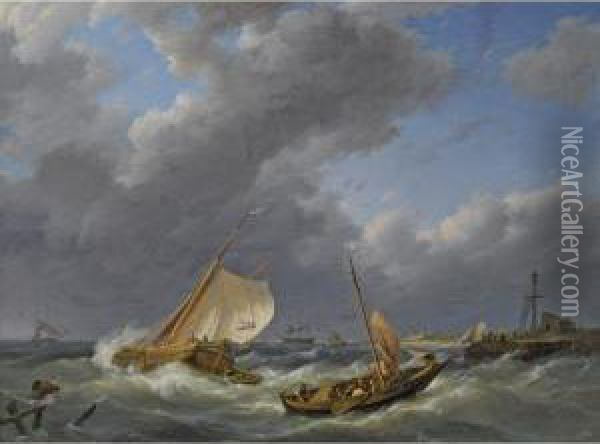 Shipping In Choppy Waters Oil Painting - Johannes Hermanus Koekkoek
