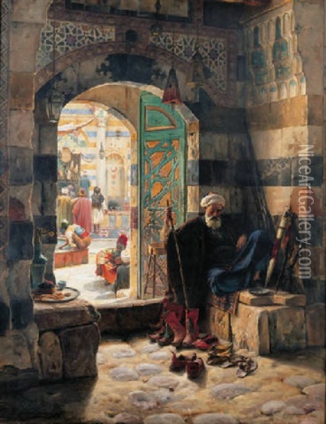 Warden Of The Mosque, Damascus Oil Painting - Gustav Bauernfeind