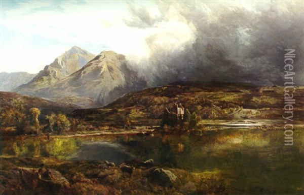 The Gathering Storm, A View Of Kilchurn Castle, Loch Awe With A Storm Threatening Oil Painting - Sidney Richard Percy