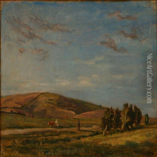 Summer Landscape With A Farmer And Cattle Oil Painting - Aksel Martin Lassen
