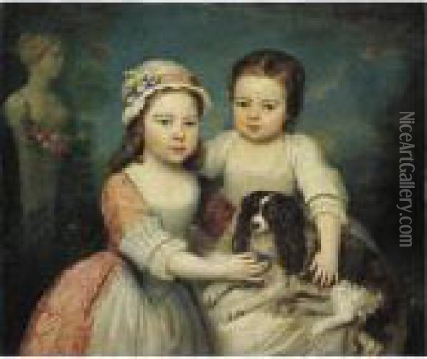 Portrait Of Two Young Girls With A Dog Oil Painting - Philippe Mercier