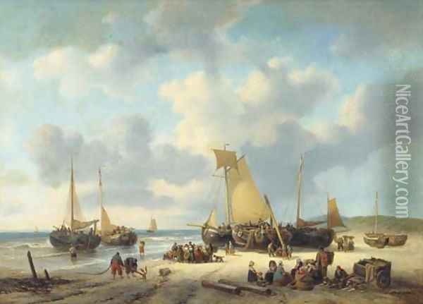 Daily activities on a sunlit beach Oil Painting - George Willem Opdenhoff