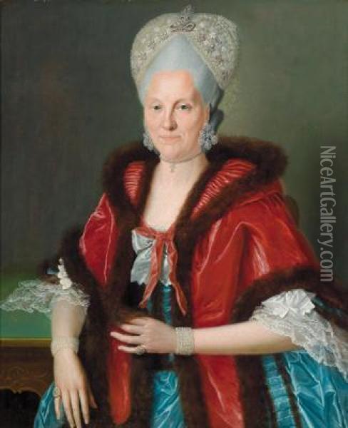 Bildnis Einer Dame In Blauem Seidenkleid Oil Painting - Johann Daniel Bager