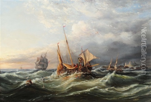 A Fishing Vessel And Further Shipping In A Swell With The Casquet Islands In The Distance Oil Painting - Ebenezer Colls