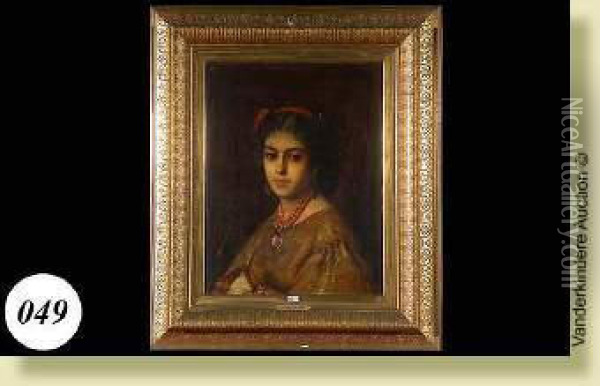 Portrait De Jeune Fille Au Collier Rouge Oil Painting - Leon Herbo