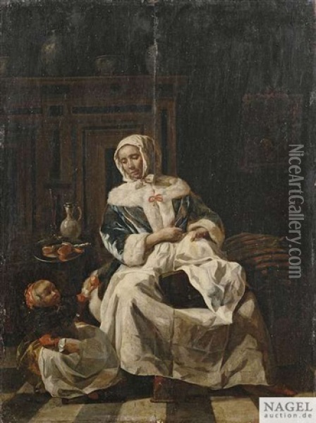 Mutter Und Tochter In Niederlandischem Stubeninterieur Oil Painting - Joost van Geel