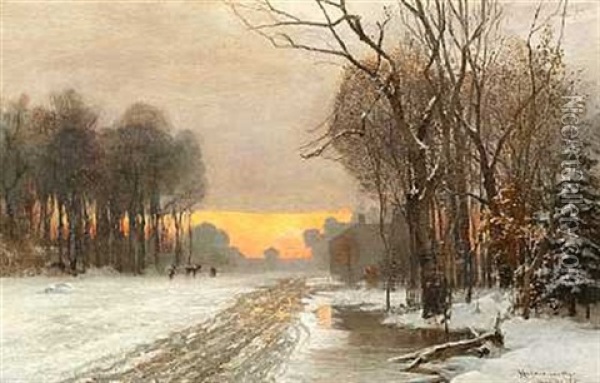 Vinterdag Udenfor Munchen Med Hjorte I Solnedgangens Skaer Oil Painting - Anders Andersen-Lundby