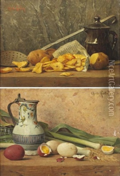 Poireaux Et Oeufs Sur Un Entablement (+ Pommes Pelees Et Ecumoire Sur Un Entablement; Pair) Oil Painting - Charles Hutin